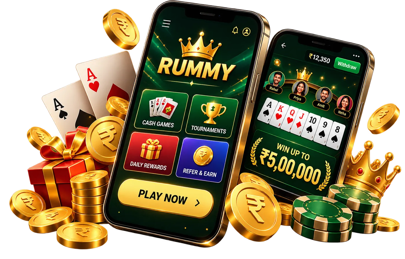 Illustrated rummy game phones with playing cards and coins